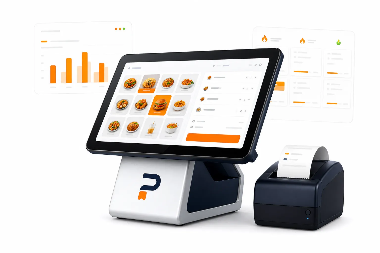FNB POS system with cashier terminal, receipt printer, and operations dashboard