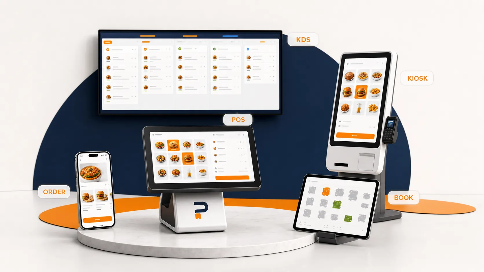 FNB POS product ecosystem: POS, KDS, Kiosk, Order, and Book