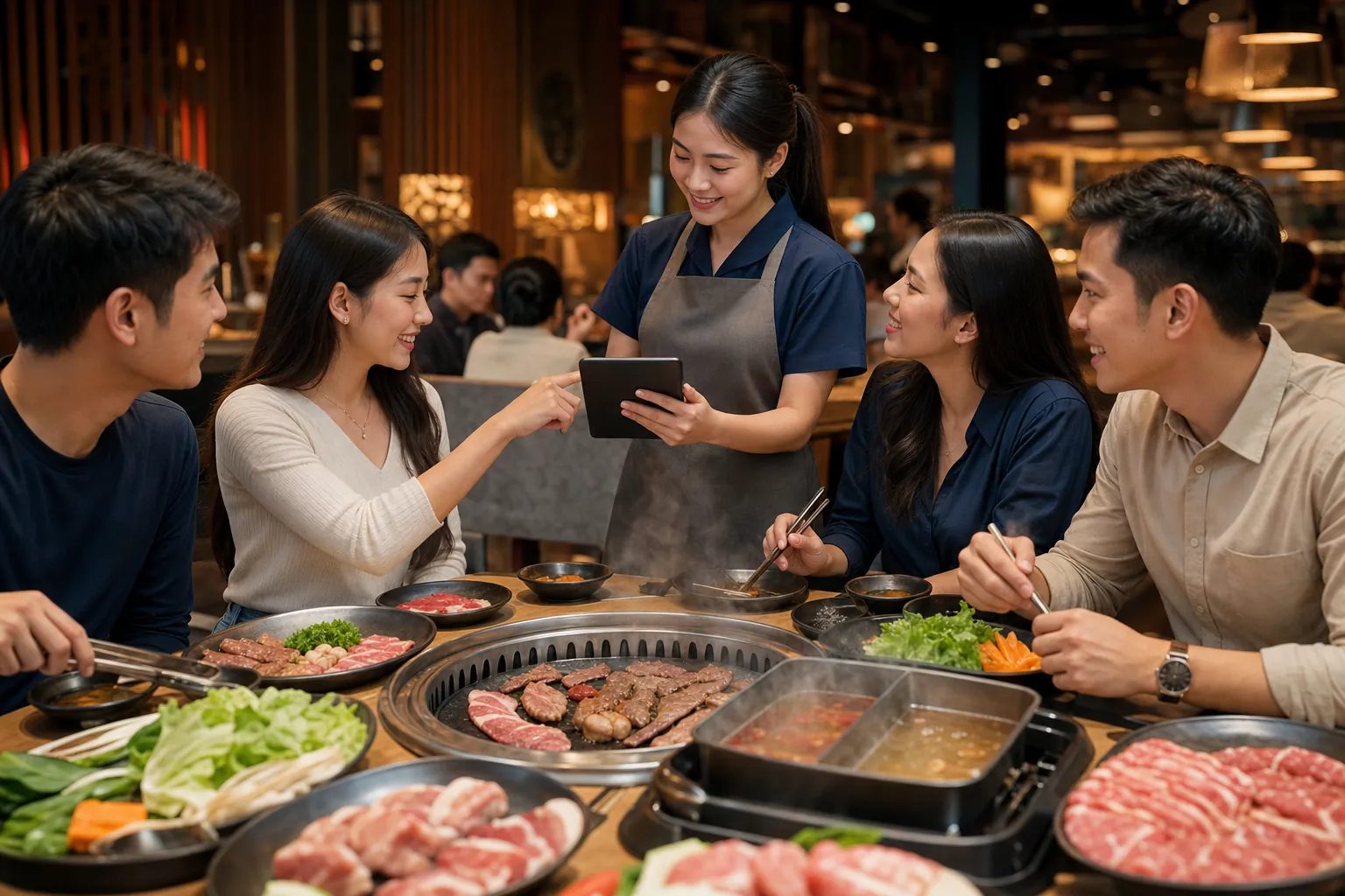 Pelanggan menikmati AYCE & grill, server mencatat pesanan ronde dengan POS tablet TableOne