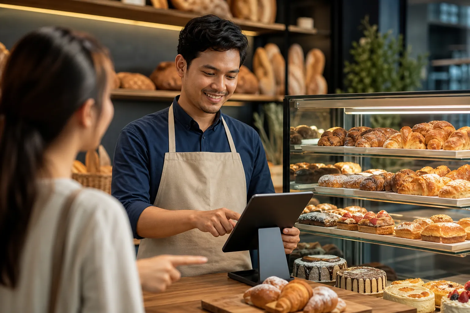 Staf bakery melayani pelanggan menggunakan POS tablet TableOne