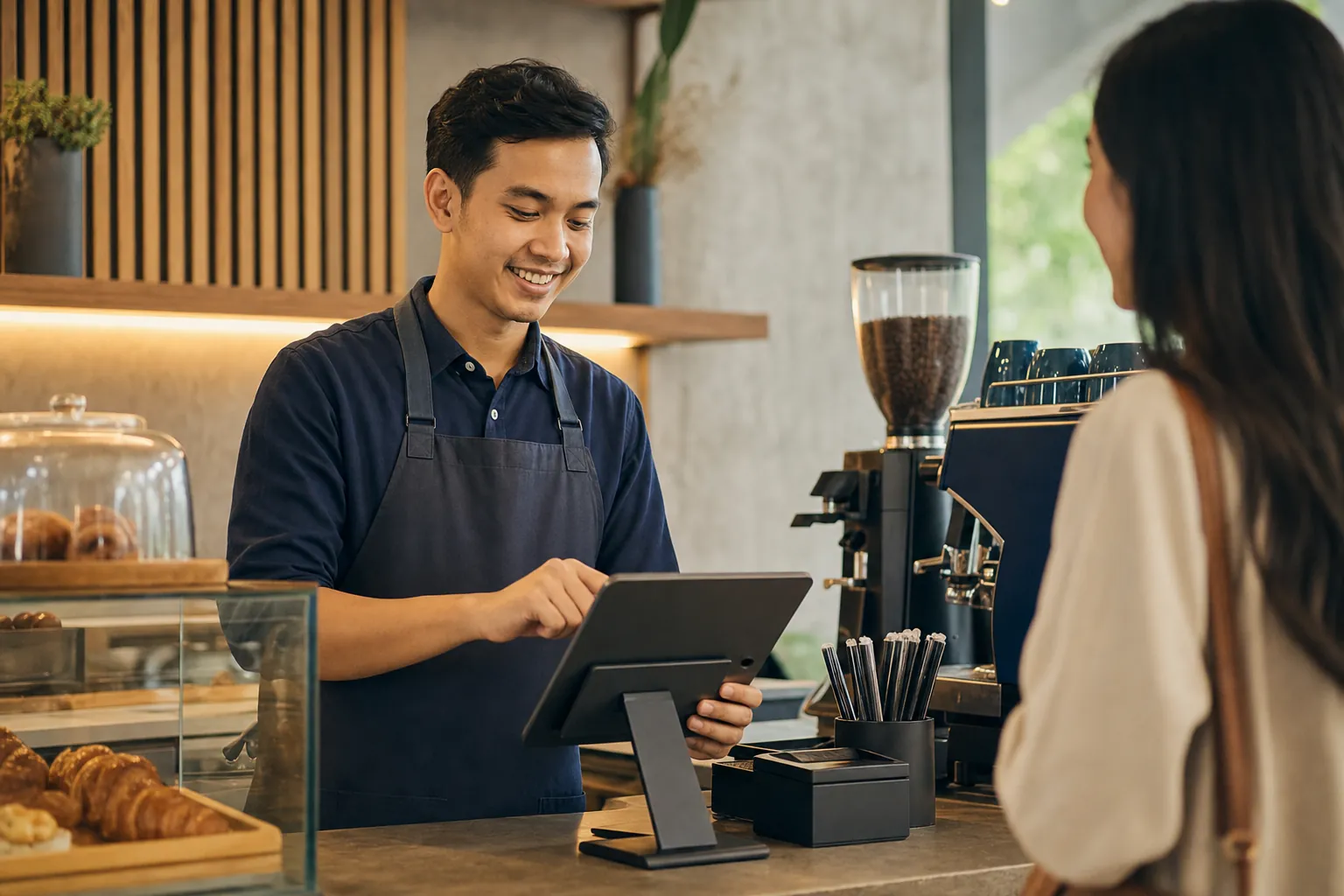 Barista coffee shop melayani pelanggan menggunakan POS tablet TableOne