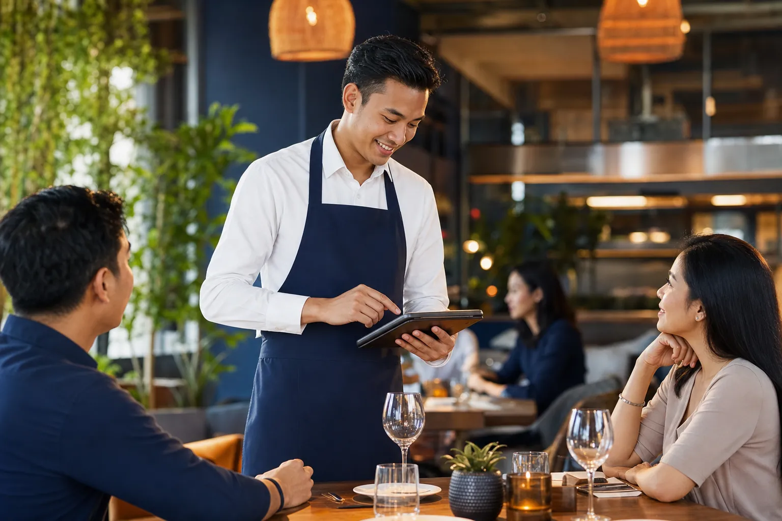 Waiter restoran melayani pelanggan menggunakan POS tablet TableOne