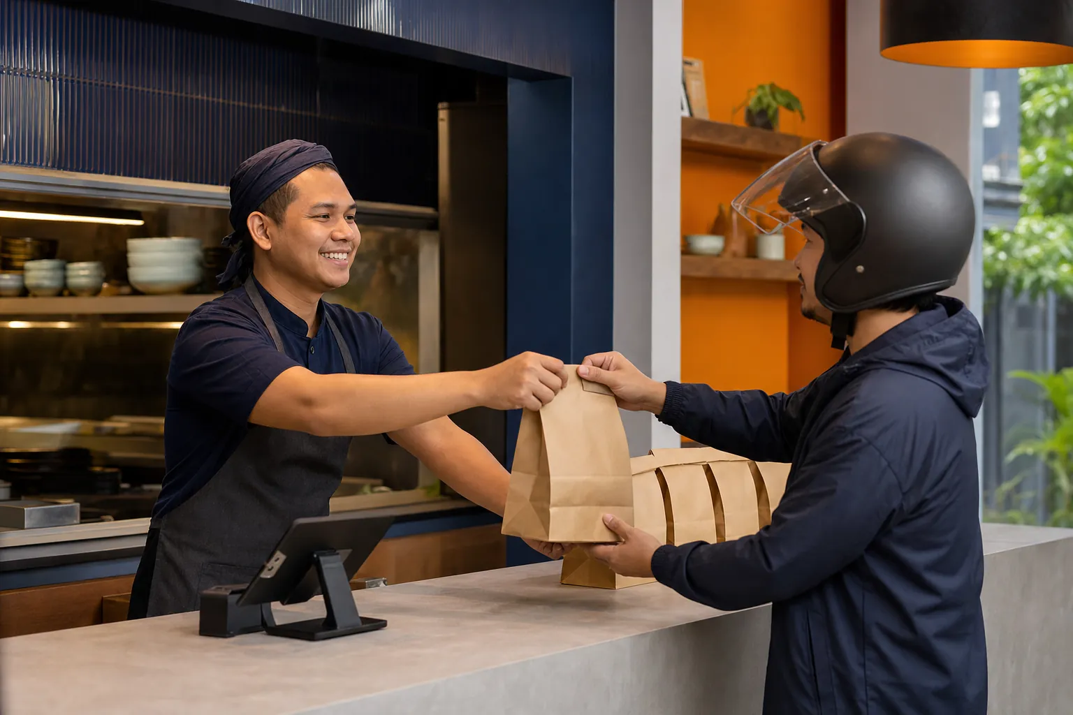Staf menyerahkan pesanan take away ke kurir, dikelola lewat TableOne